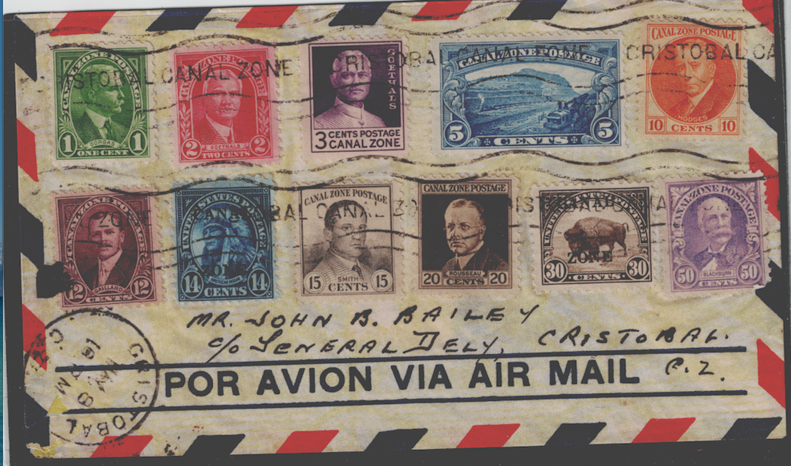 Canal Zone Air Mail Cover 12 different stamps. A beautiful display of CZ Stamps!0