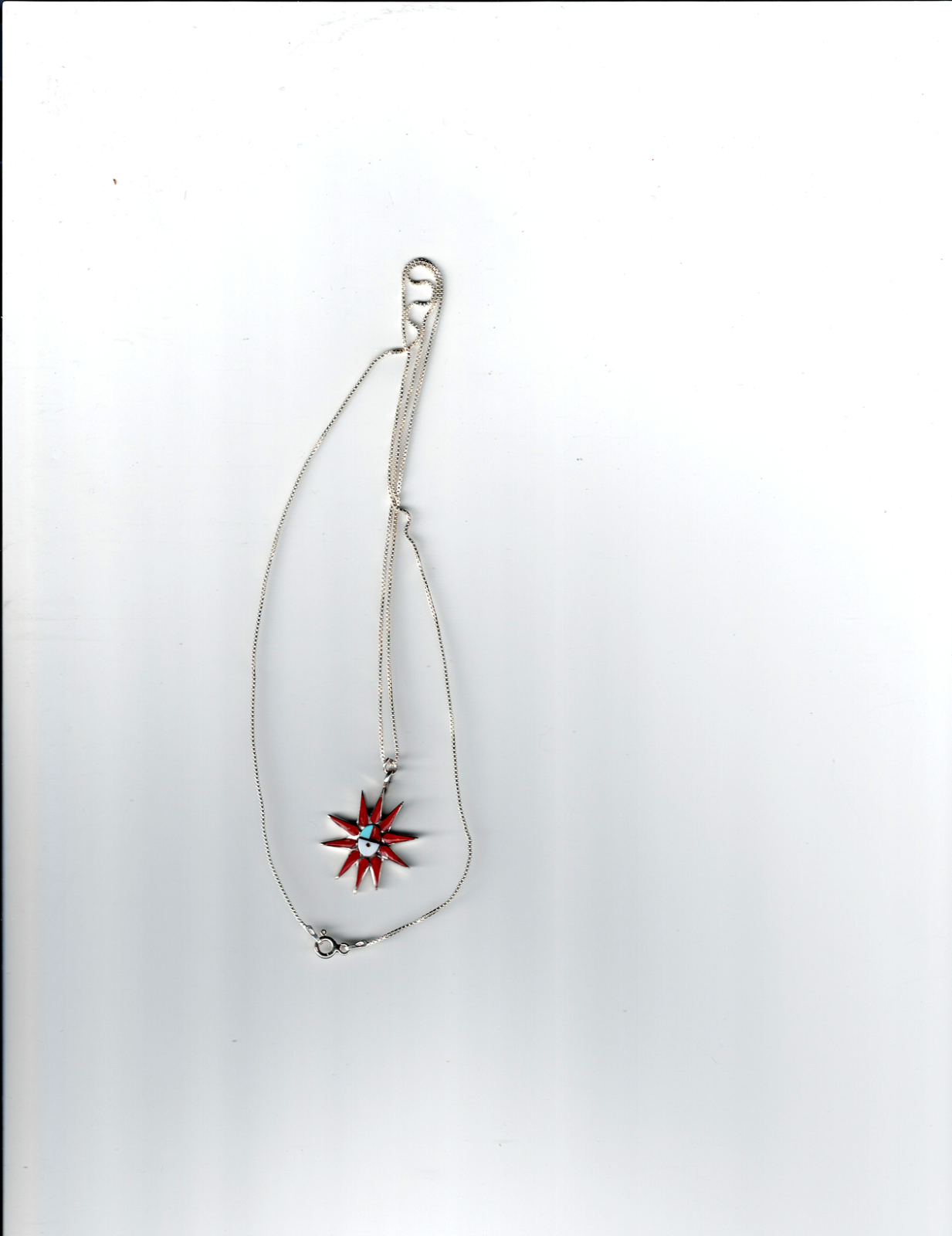 ZUNI Needlepoint Coral pendant shell, turquoise & jet on 925 20" Chain of Italy2