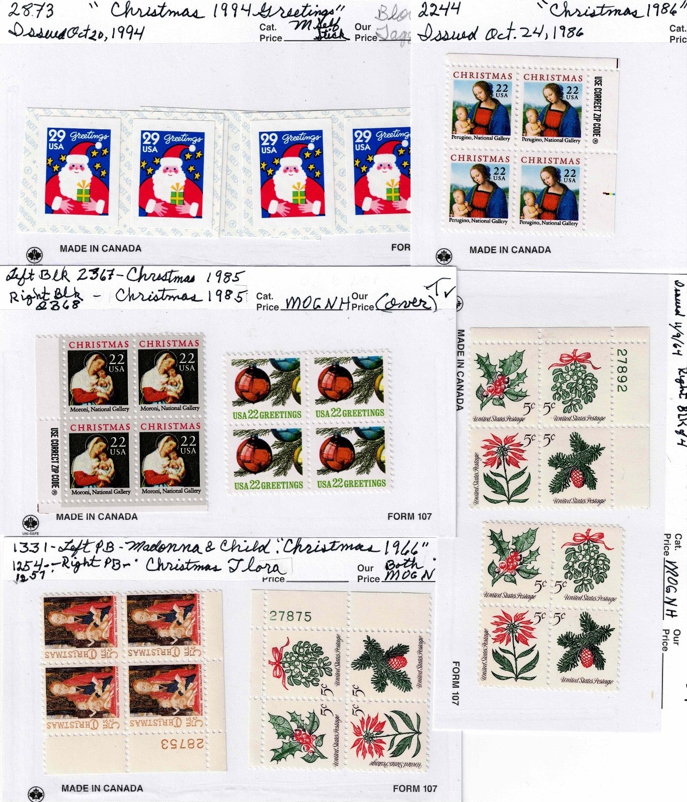 Mul Plate Blocks of US Christmas Stamps  use them give them as presents or Horde7