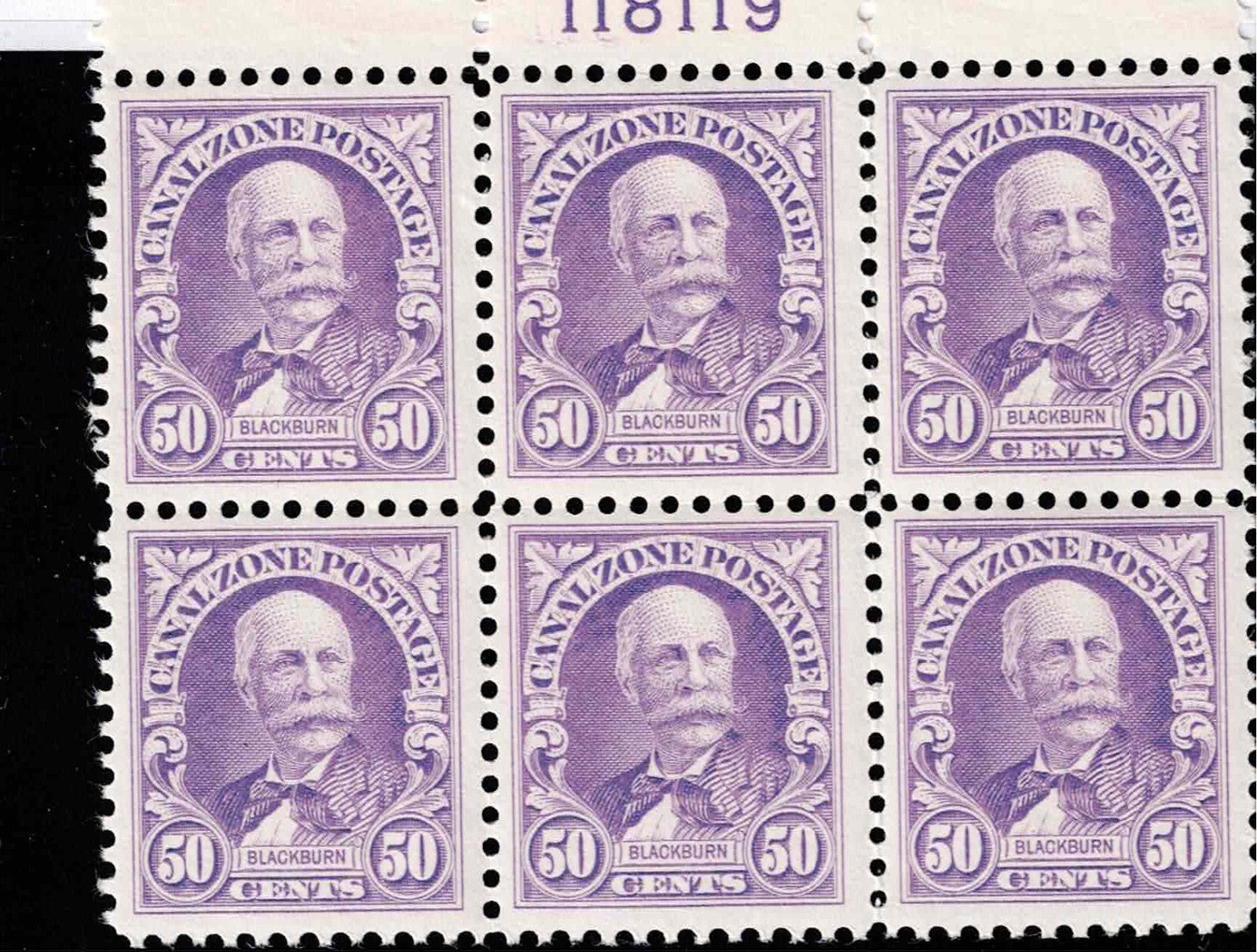 Canal Zone #114  Post Office Fresh 50¢ Rose Lilac Margine Block of 6  MOG NH0
