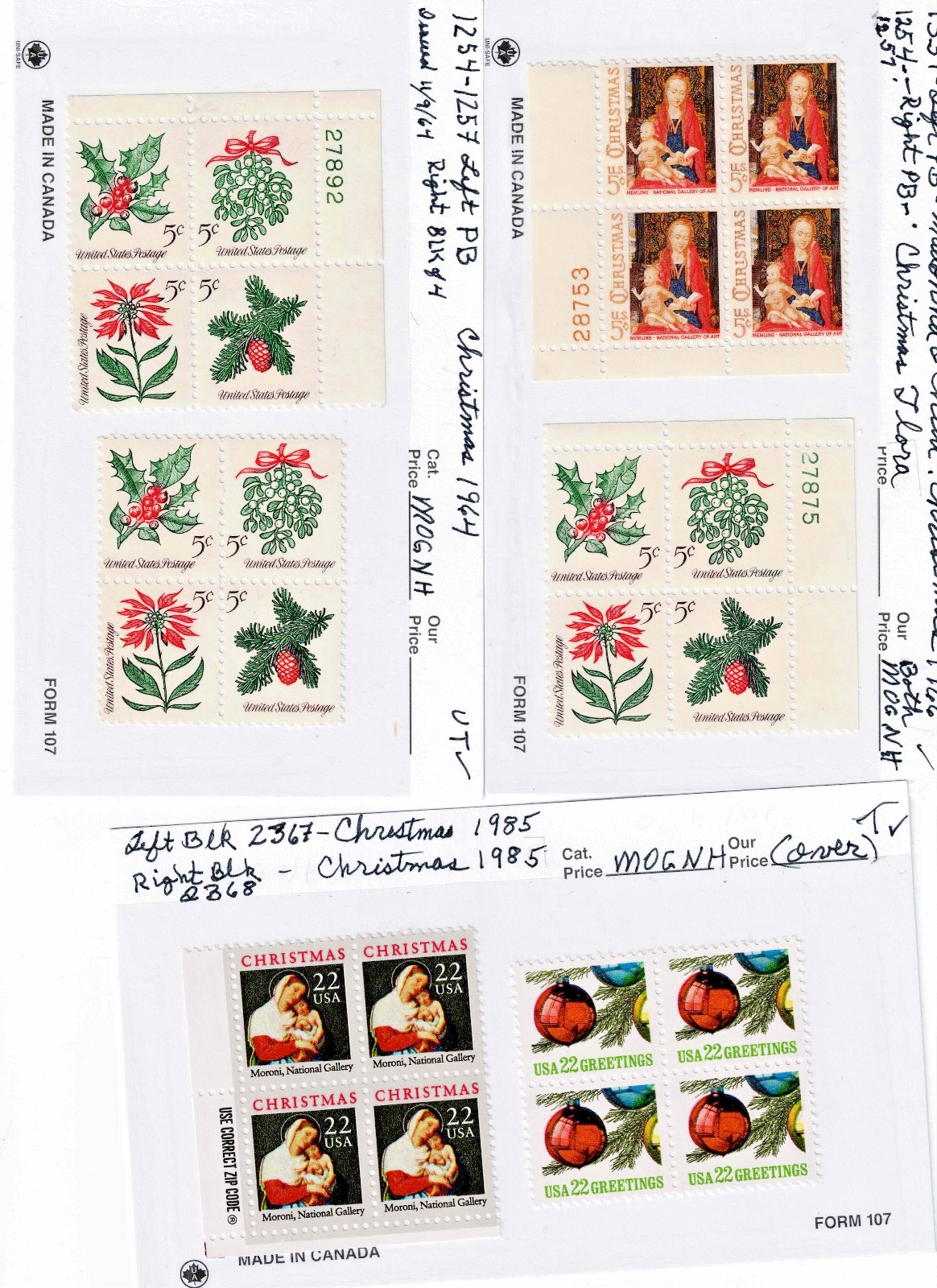 Mul Plate Blocks of US Christmas Stamps  use them give them as presents or Horde3