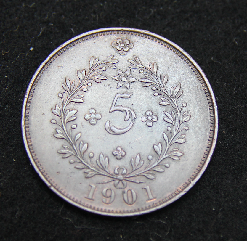 1901 Azores 5 Reis Portuguese Administration Provisional Coinage. AU+1
