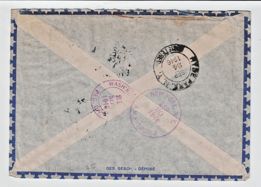 Envelope From Switzerland to Mrs. Franklin Roosevelt Registered postage due1