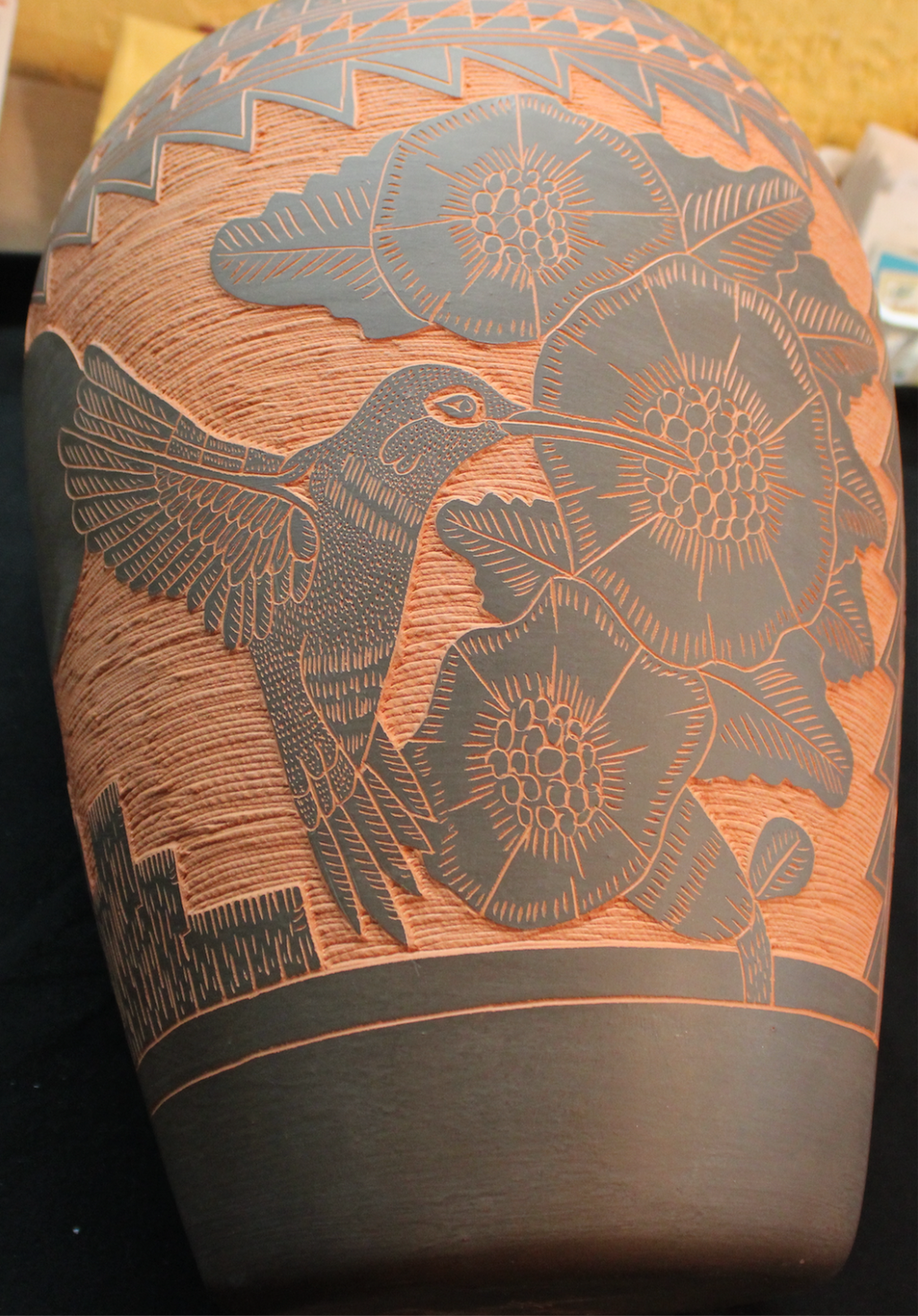 Large Native American Pot/Vase Orange Black Hummingbird By M & R Romero1