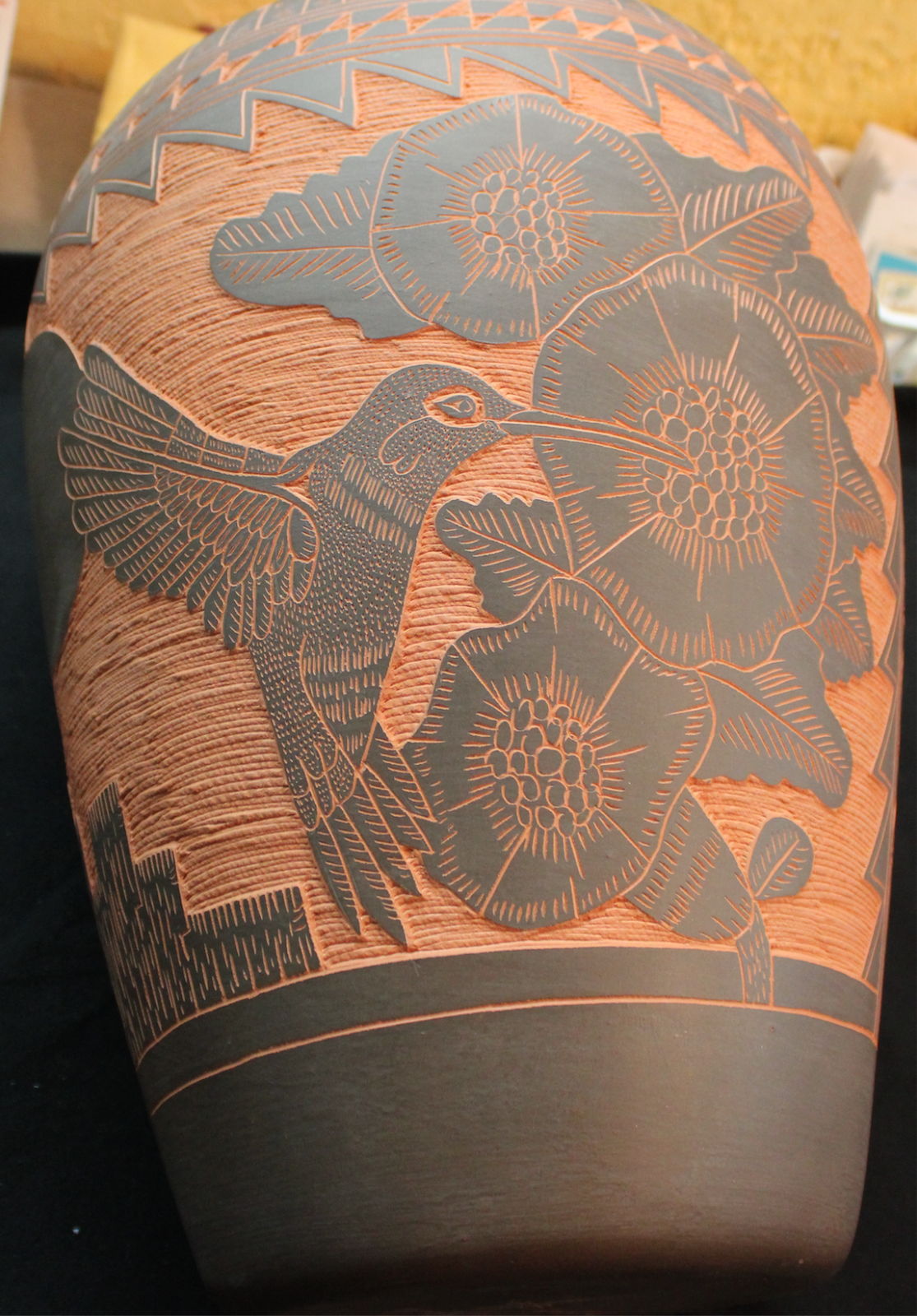 Large Native American Pot/Vase Orange Black Hummingbird By M & R Romero1