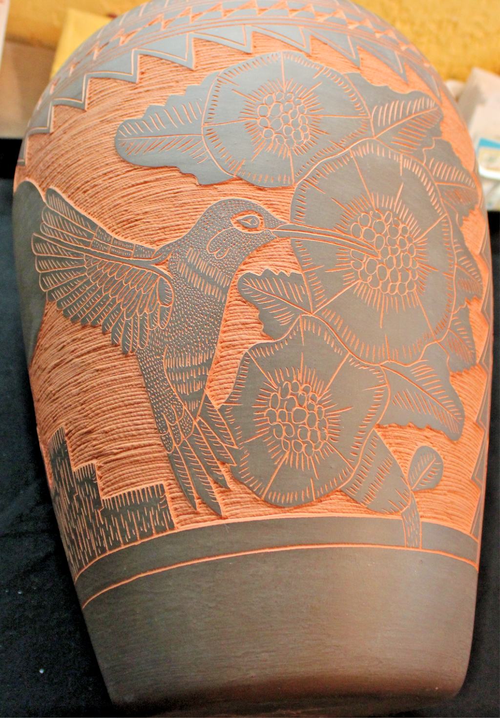 Large Native American Pot/Vase Orange Black Hummingbird By M & R Romero3