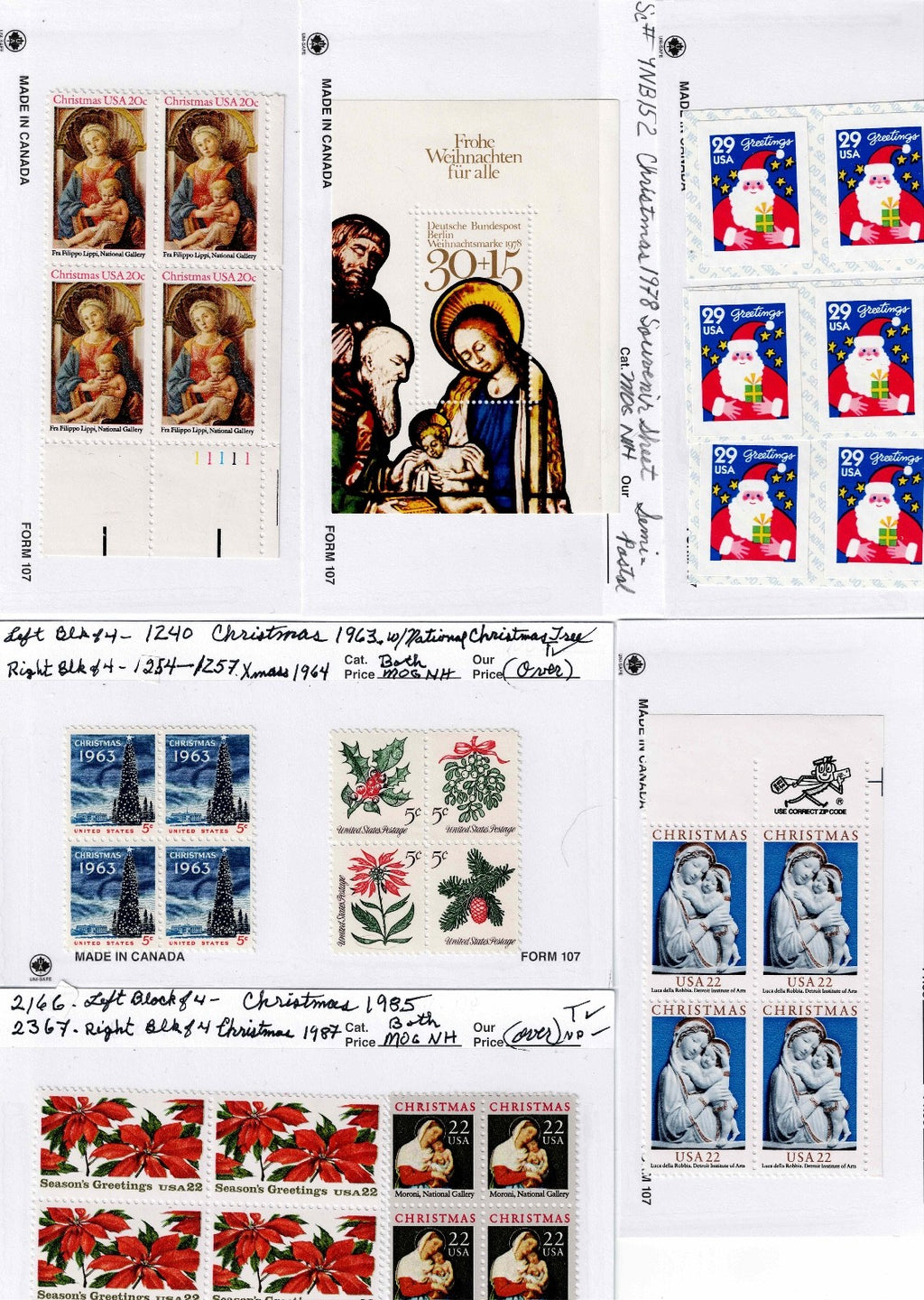 Mul Plate Blocks of US Christmas Stamps  use them give them as presents or Horde6