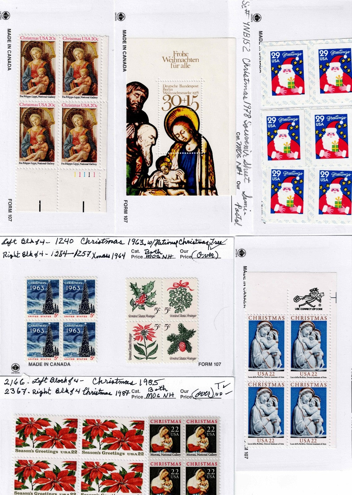 Mul Plate Blocks of US Christmas Stamps  use them give them as presents or Horde6