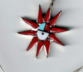 ZUNI Needlepoint Coral pendant shell, turquoise & jet on 925 20" Chain of Italy0