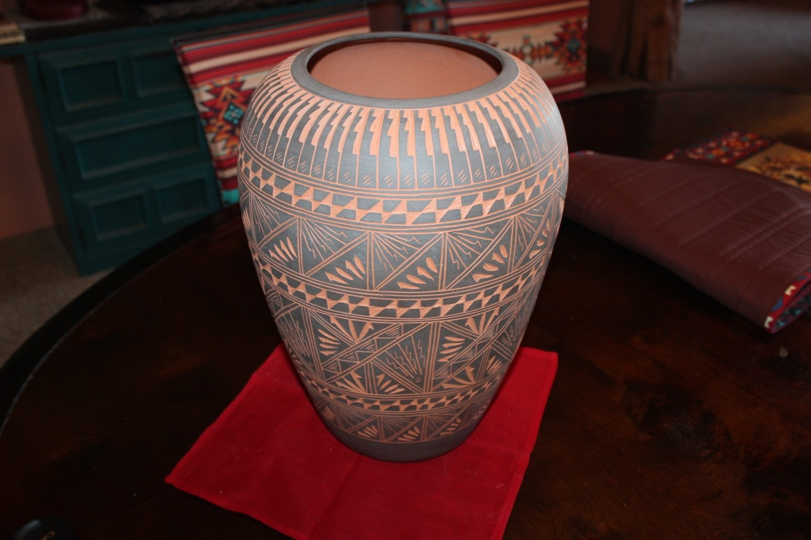 Large Native American Pot/Vase Orange Black Hummingbird By M & R Romero5