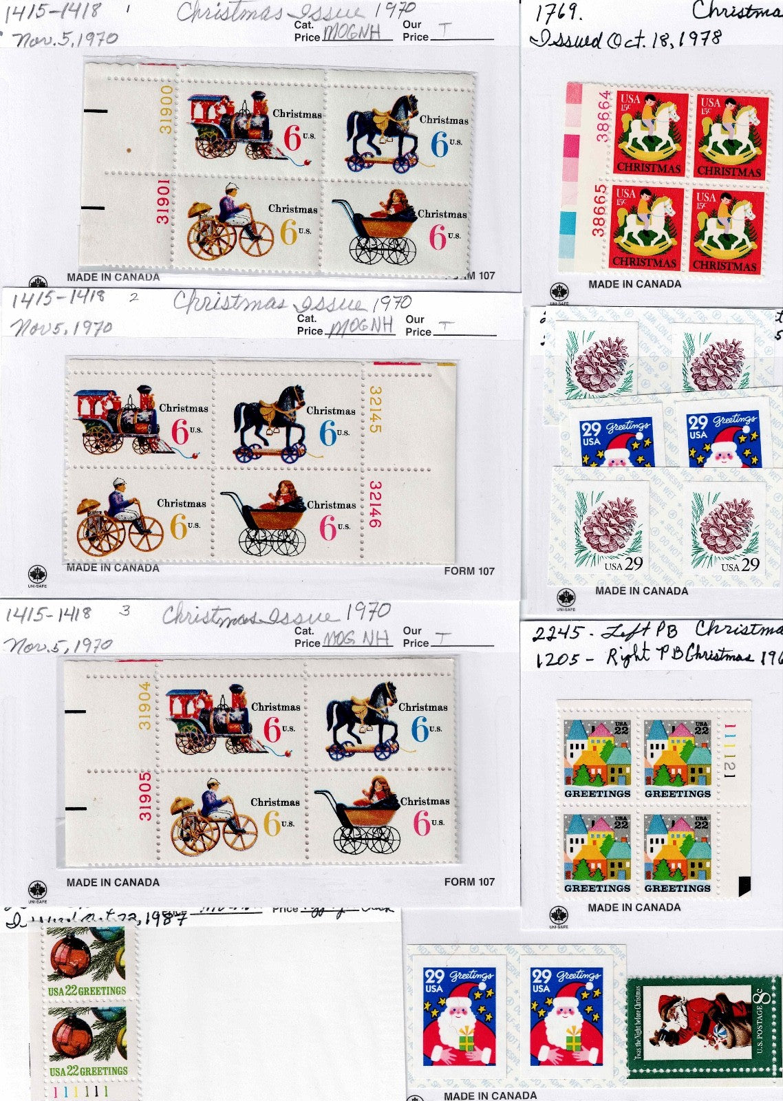 Mul Plate Blocks of US Christmas Stamps  use them give them as presents or Horde4