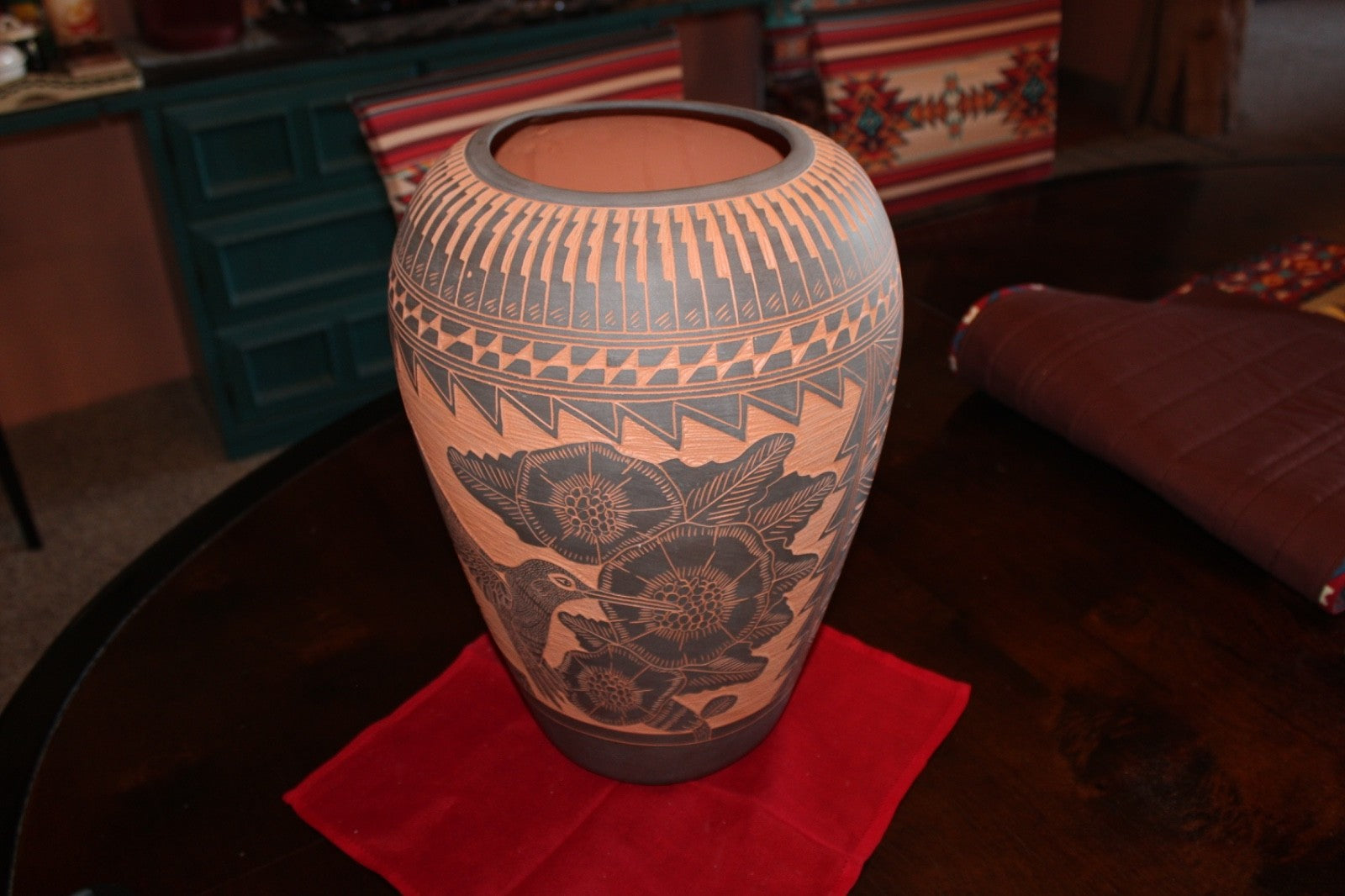 Large Native American Pot/Vase Orange Black Hummingbird By M & R Romero0